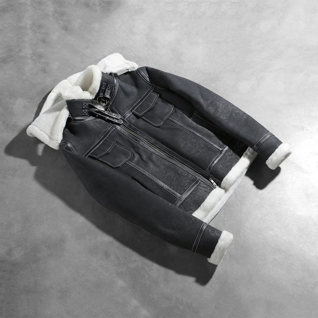 Fiona Black Hooded Shearling Leather Jacket SH607