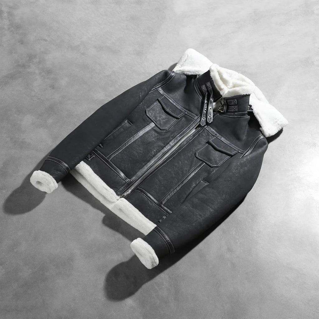 Fiona Black Hooded Shearling Leather Jacket SH607