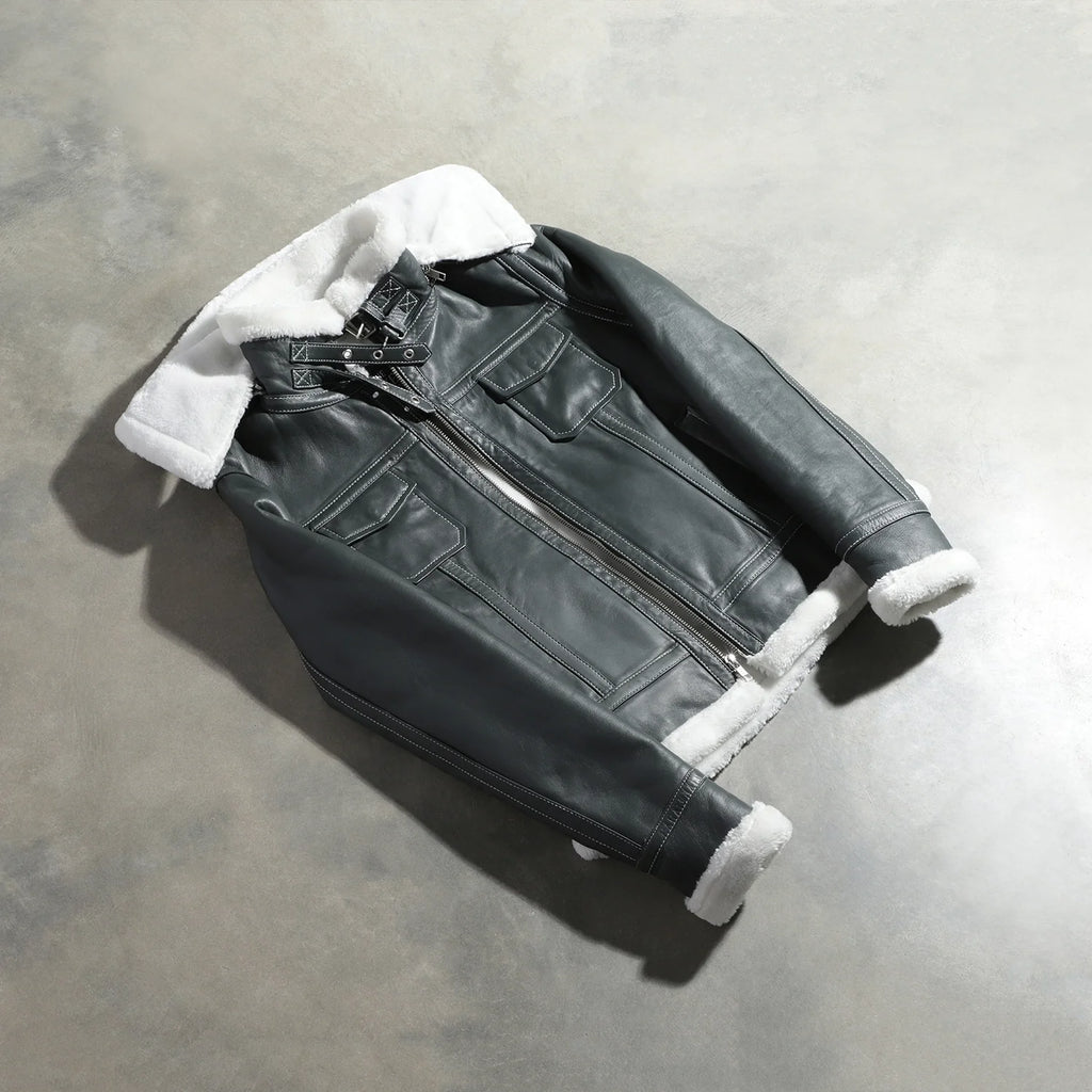 Fiona Green Hooded Shearling Leather Jacket SH605