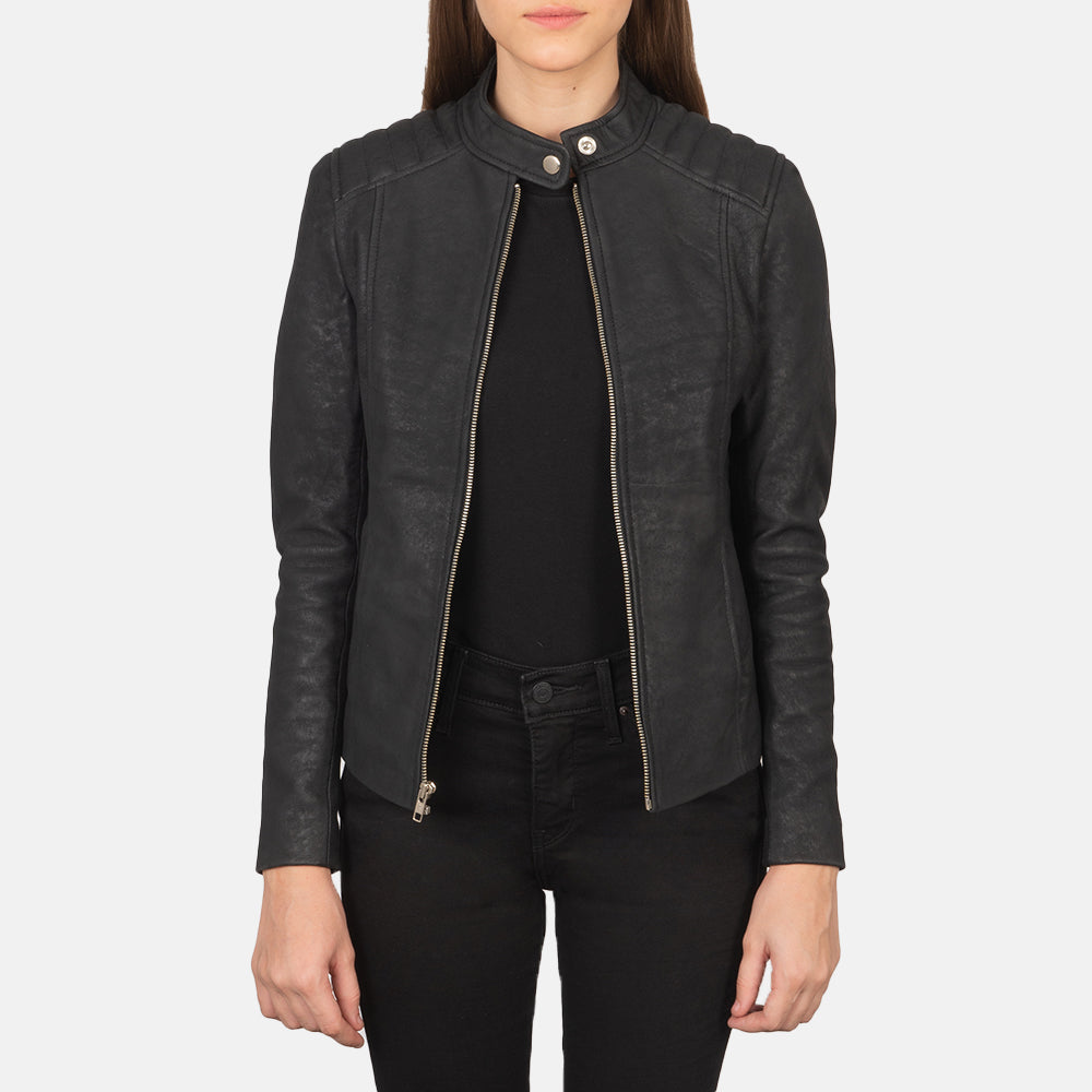 Kelsee Distressed Black Leather Biker Jacket SH593