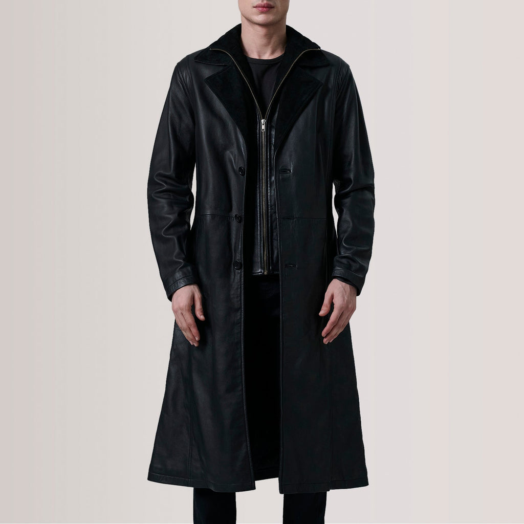 Charlton Black Leather Single Breasted Coat