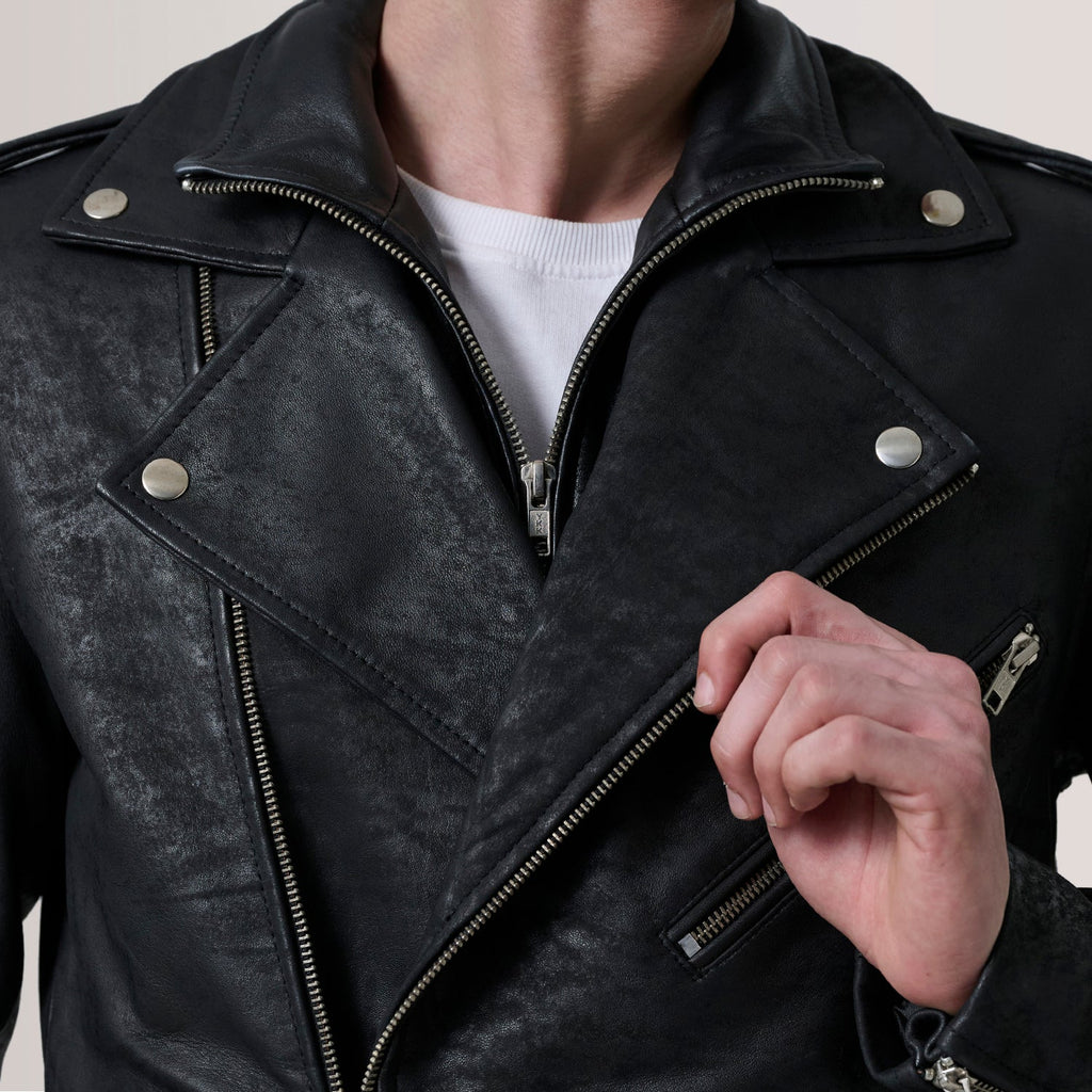 Kole Distressed Black Leather Double Rider Jacket