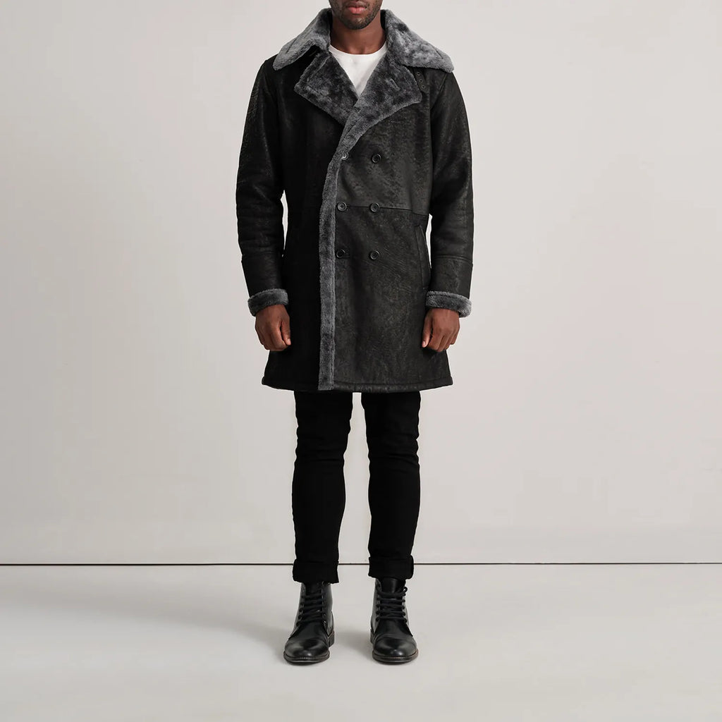 Charles Distressed Black Leather Shearling Double-Breasted Coat