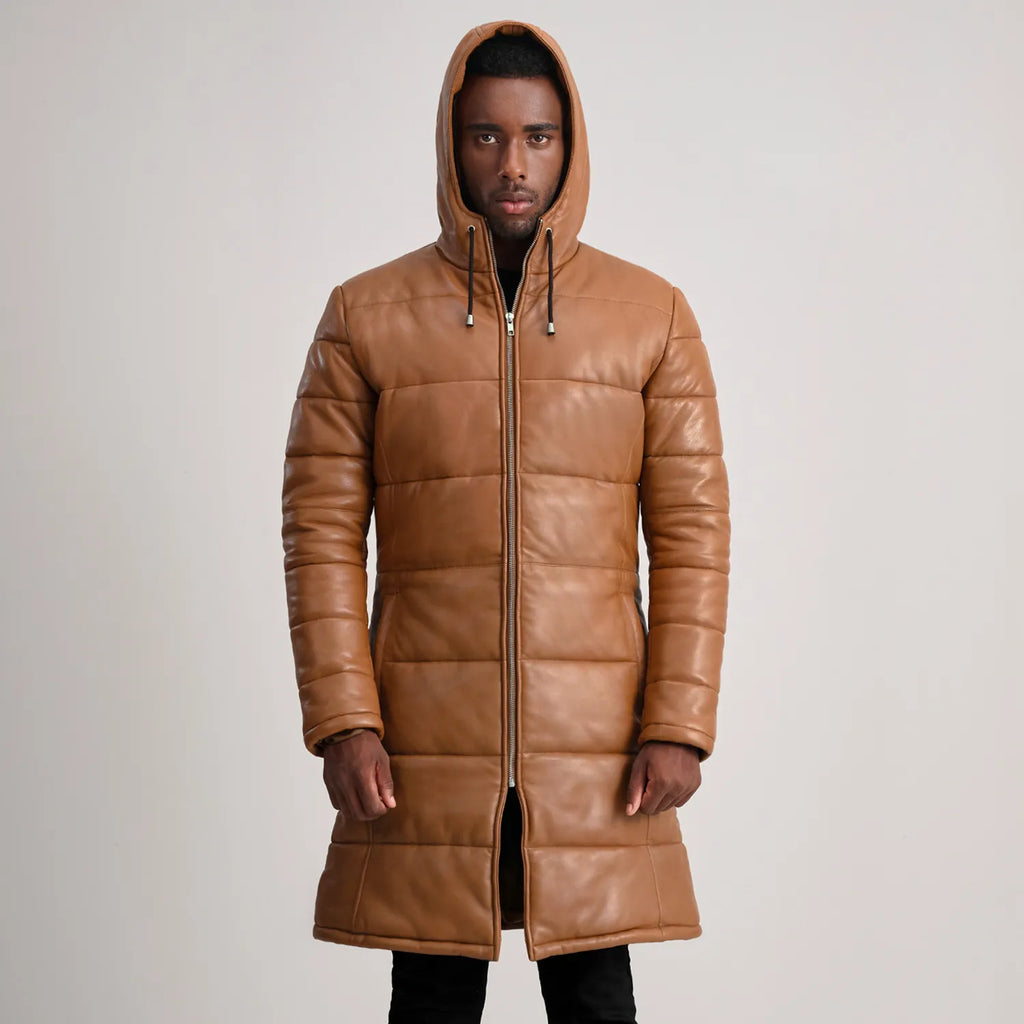 Floyd Tan Hooded Leather Puffer Coat