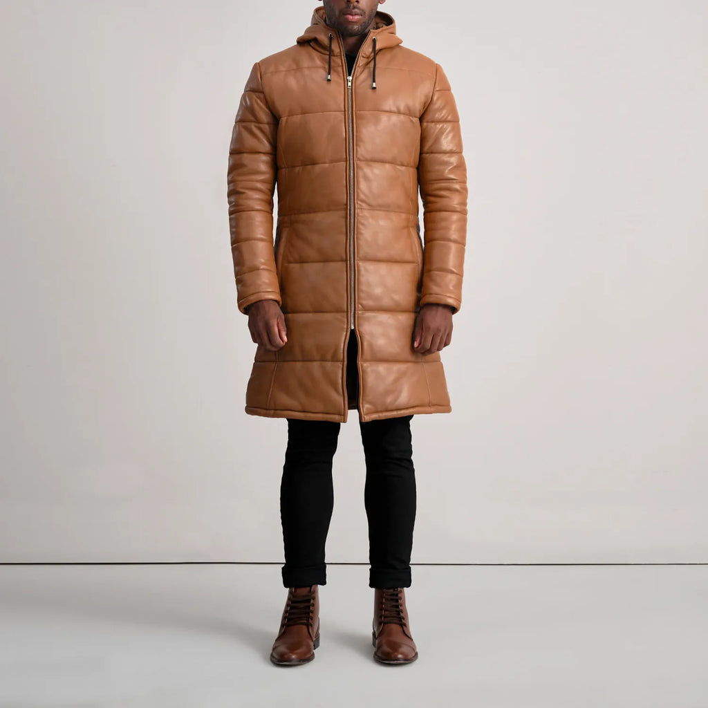 Floyd Tan Hooded Leather Puffer Coat