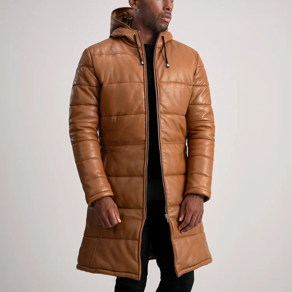 Floyd Tan Hooded Leather Puffer Coat