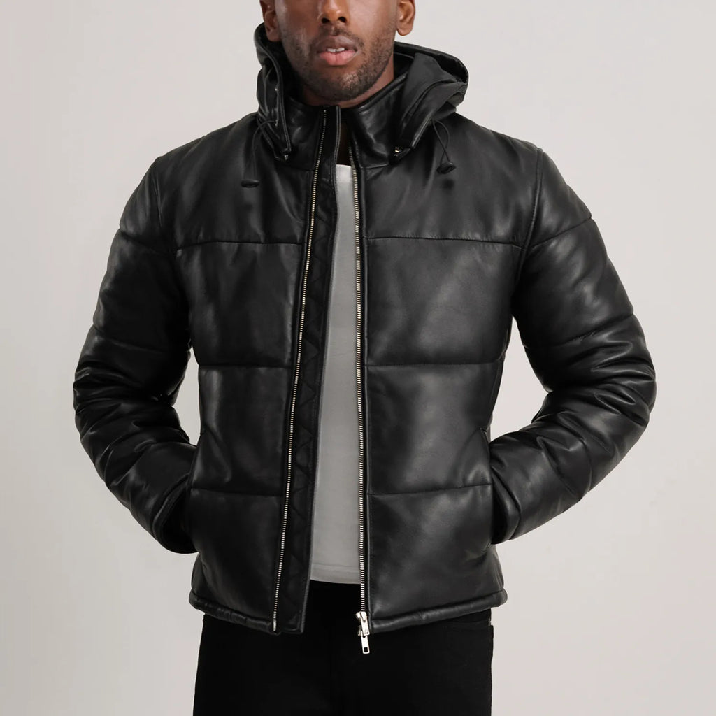 Gordon Black Hooded Leather Puffer Jacket
