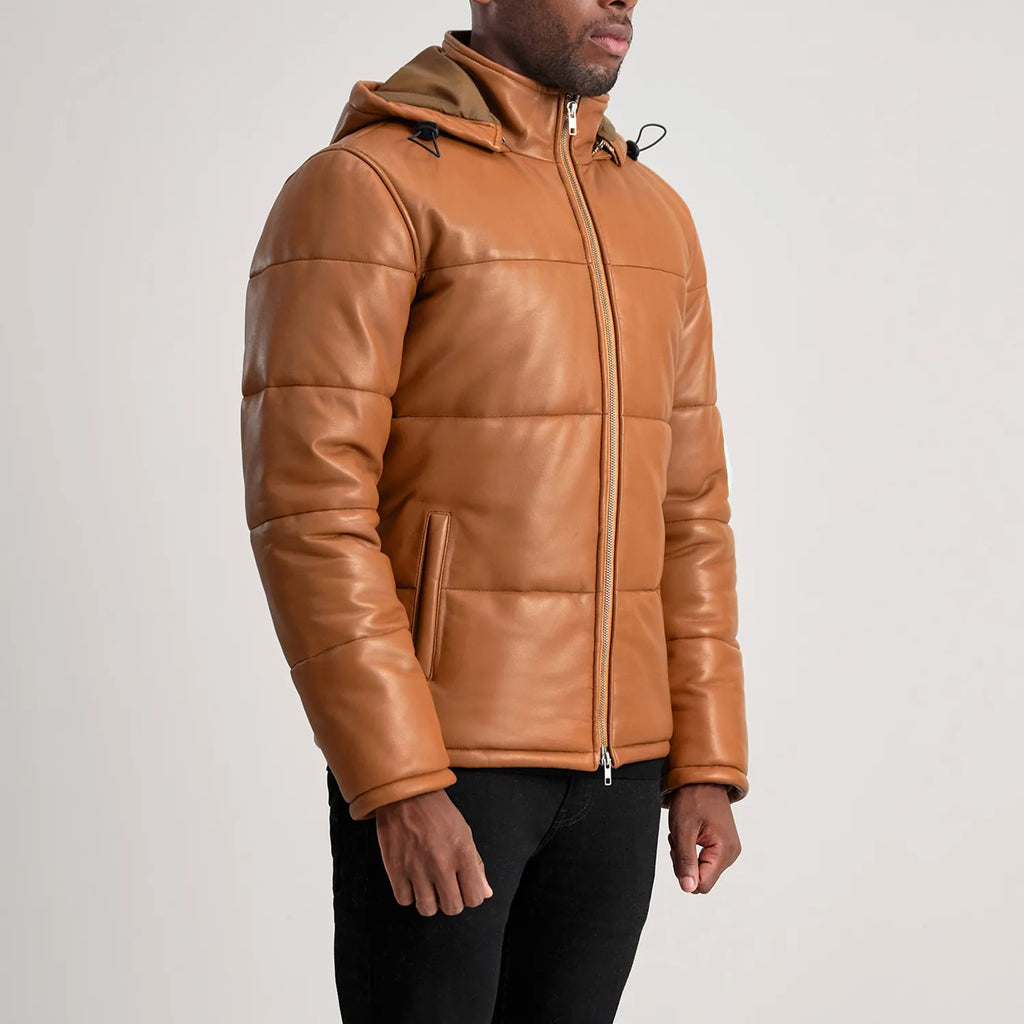 Gordon Tan Hooded Leather Puffer Jacket