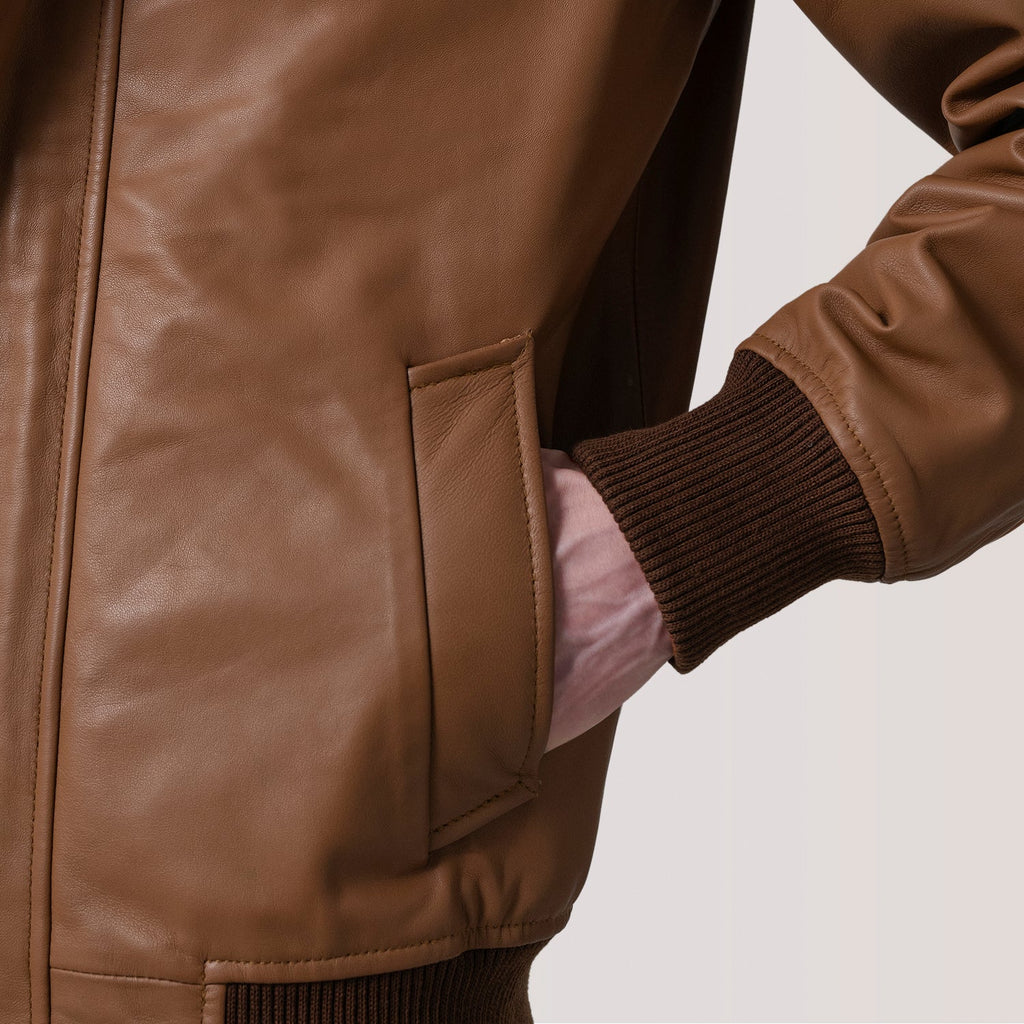 Lester Tan Leather Bomber Jacket