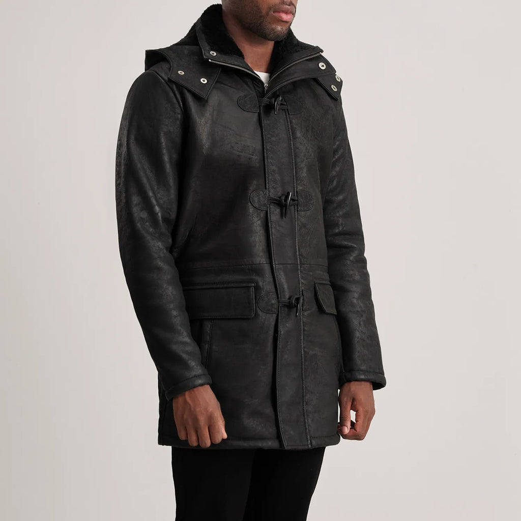 Nolan Distressed Black Leather Duffle Coat