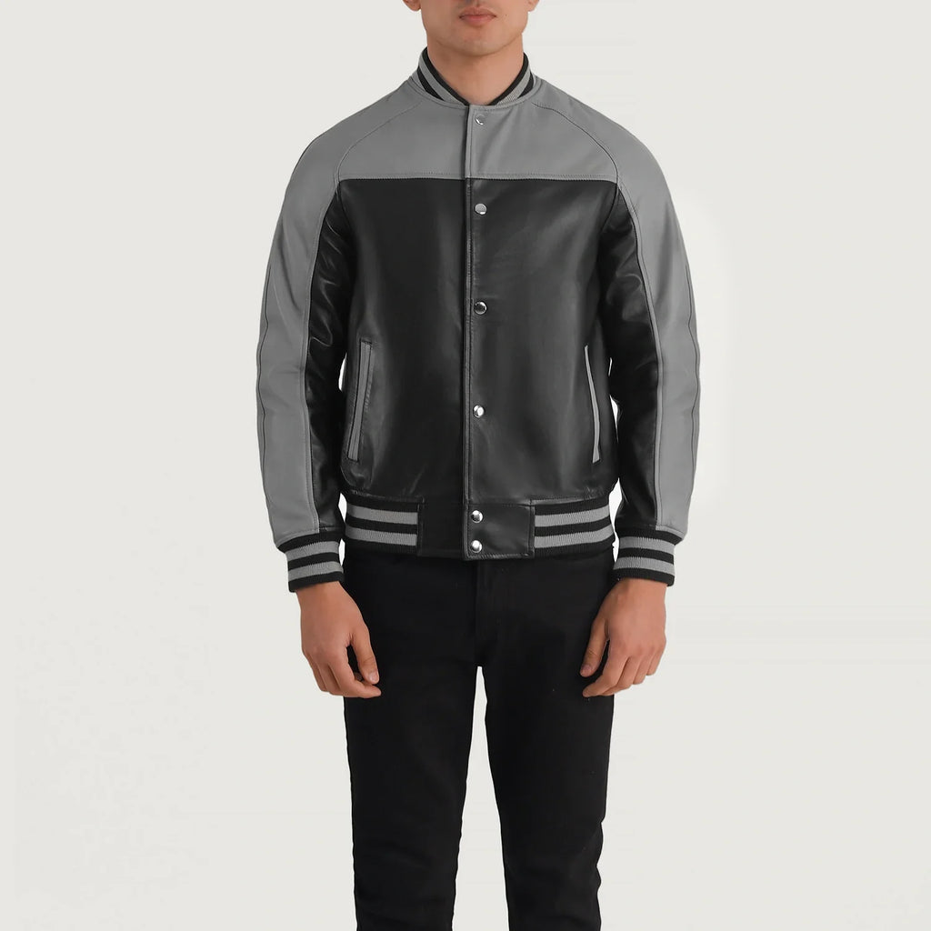 Terrance Black & Grey Leather Varsity Jacket SH68