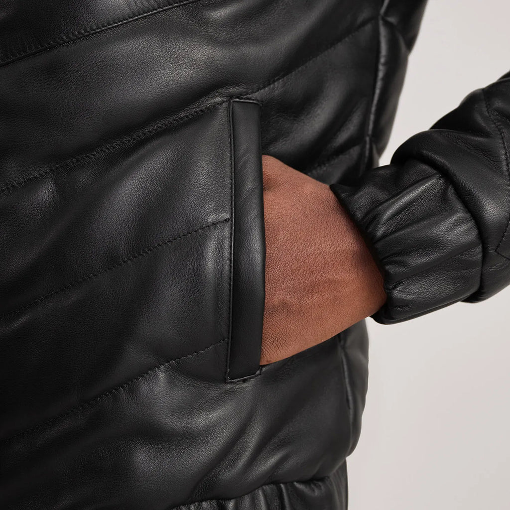 Travis Black Leather Puffer Jacket SH58