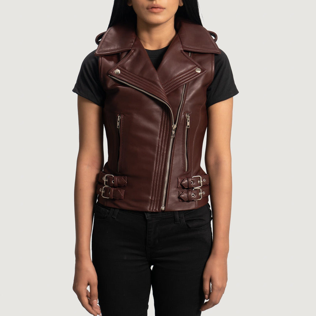 Rhonda Maroon Leather Biker Vest SH562
