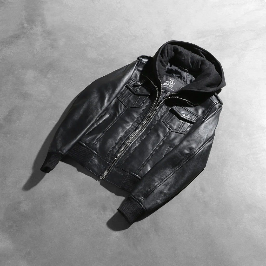 Roslyn Black Hooded Leather Bomber Jacket SH561
