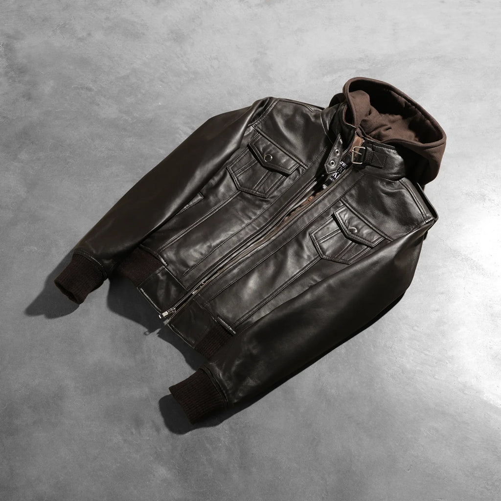 Roslyn Brown Hooded Leather Bomber Jacket SH560