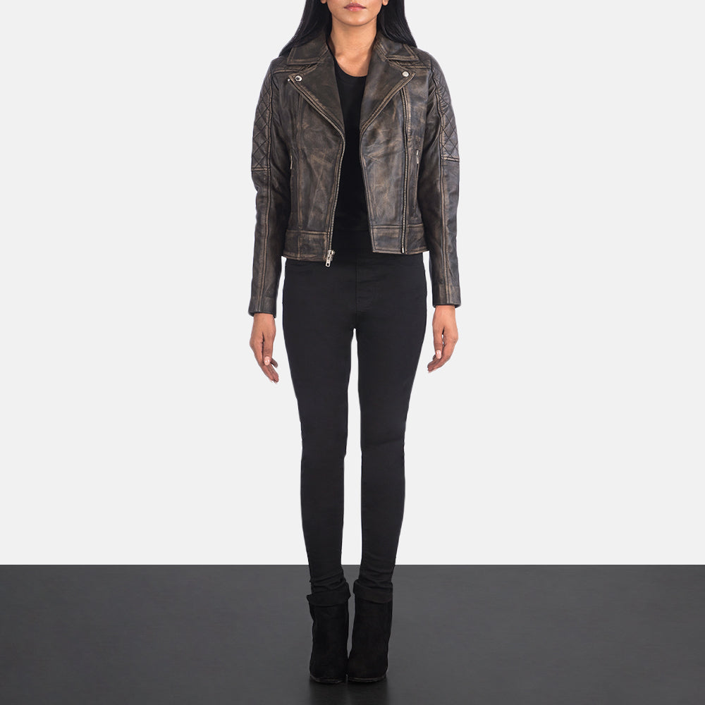 Carolyn Quilted Distressed Brown Biker Jacket SH626