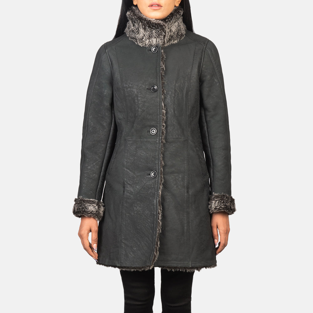 Erica Shearling Black Leather Coat SH608
