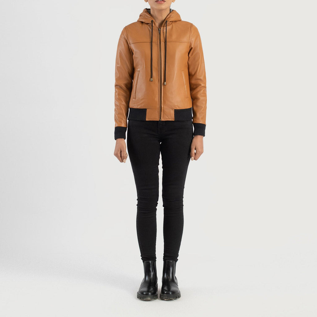Rebella Brown Hooded Leather Bomber Jacket SH565