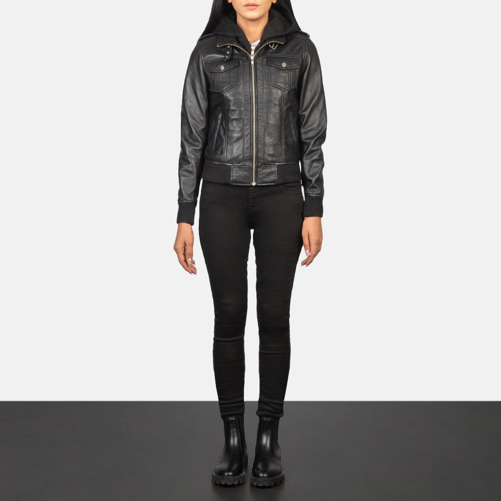 Roslyn Black Hooded Leather Bomber Jacket SH561