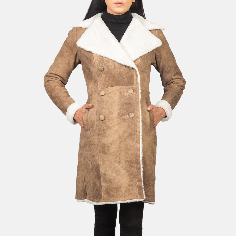 Amie Distressed Brown Double Breasted Shearling Coat SH636