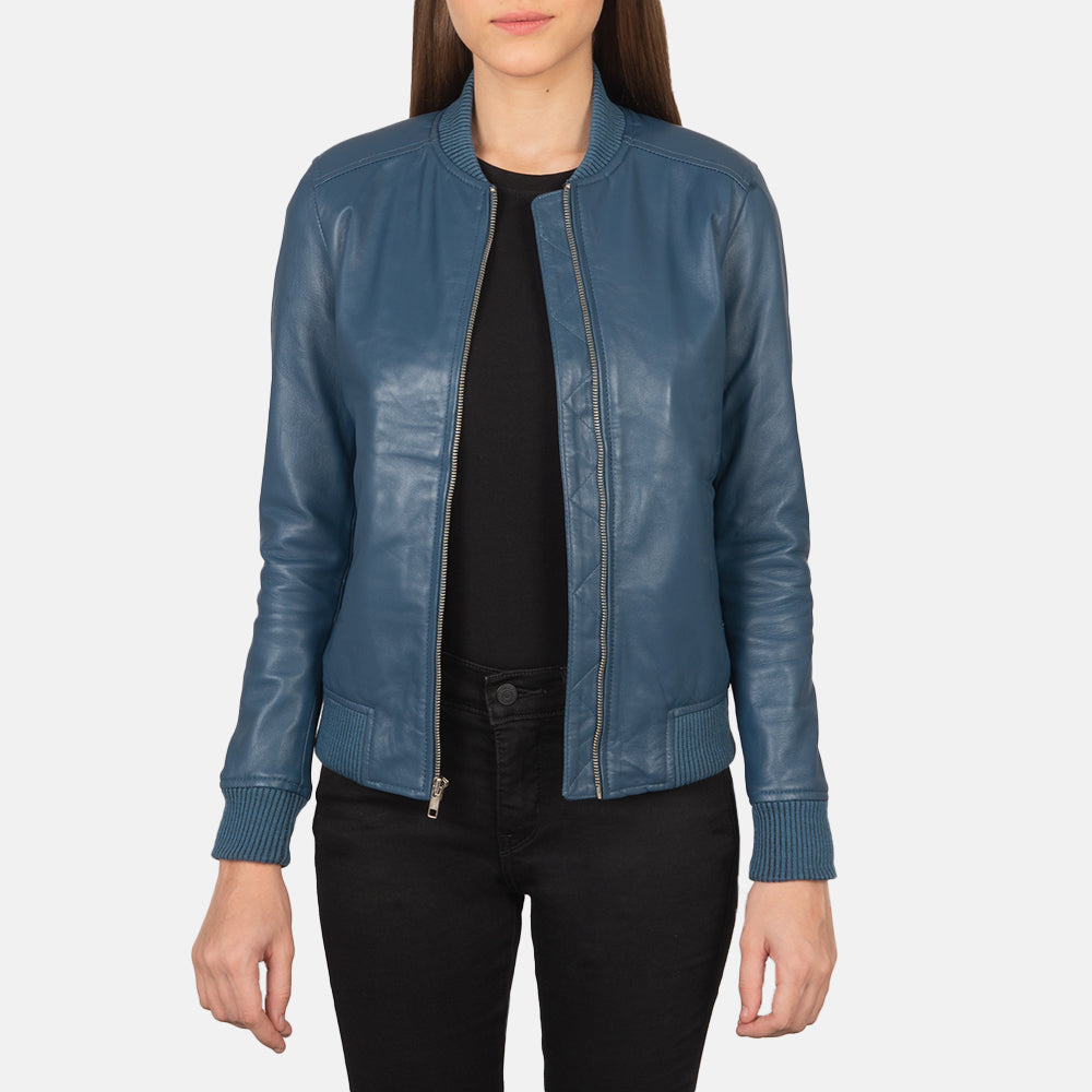 Bliss Blue Leather Bomber Jacket SH631