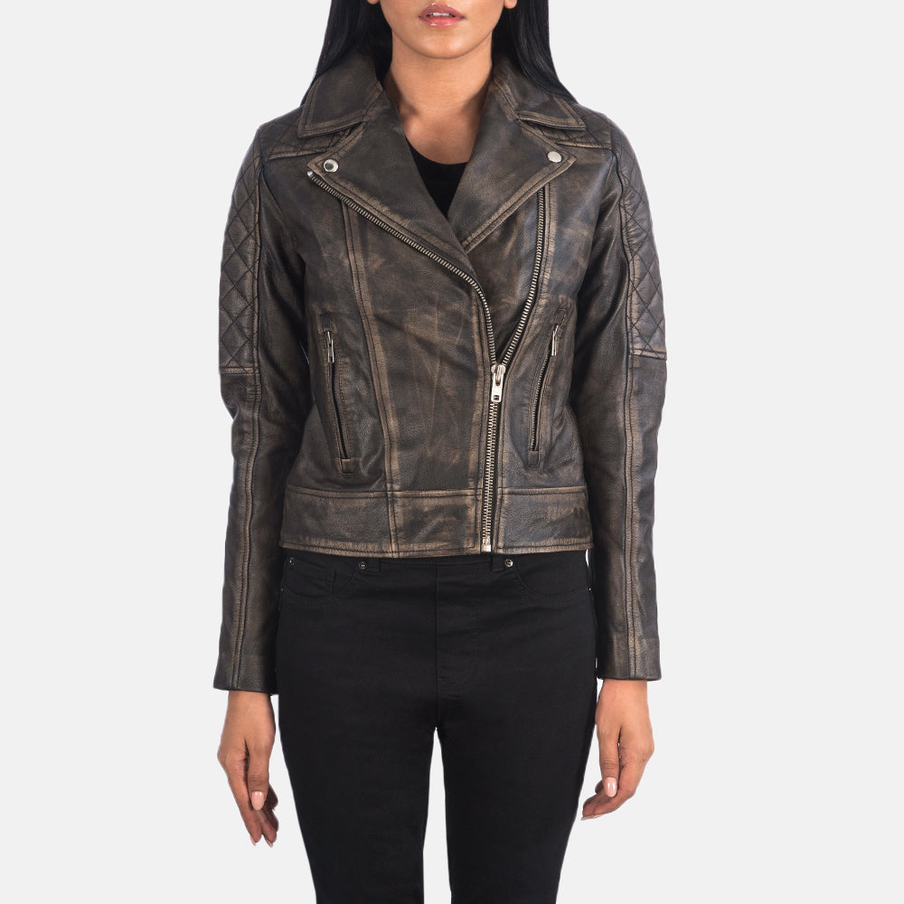 Carolyn Quilted Distressed Brown Biker Jacket SH626