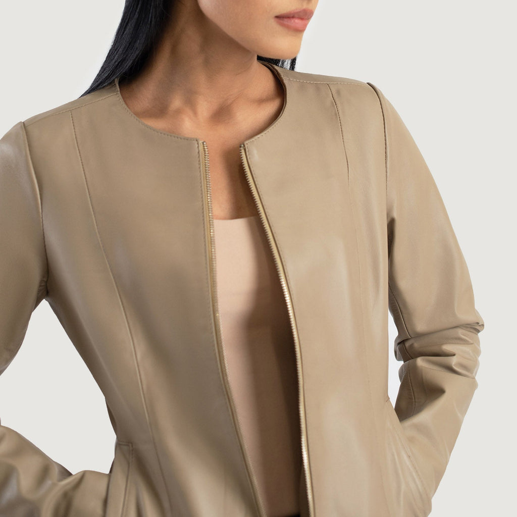 Elixir Beige Collarless Leather Jacket SH614