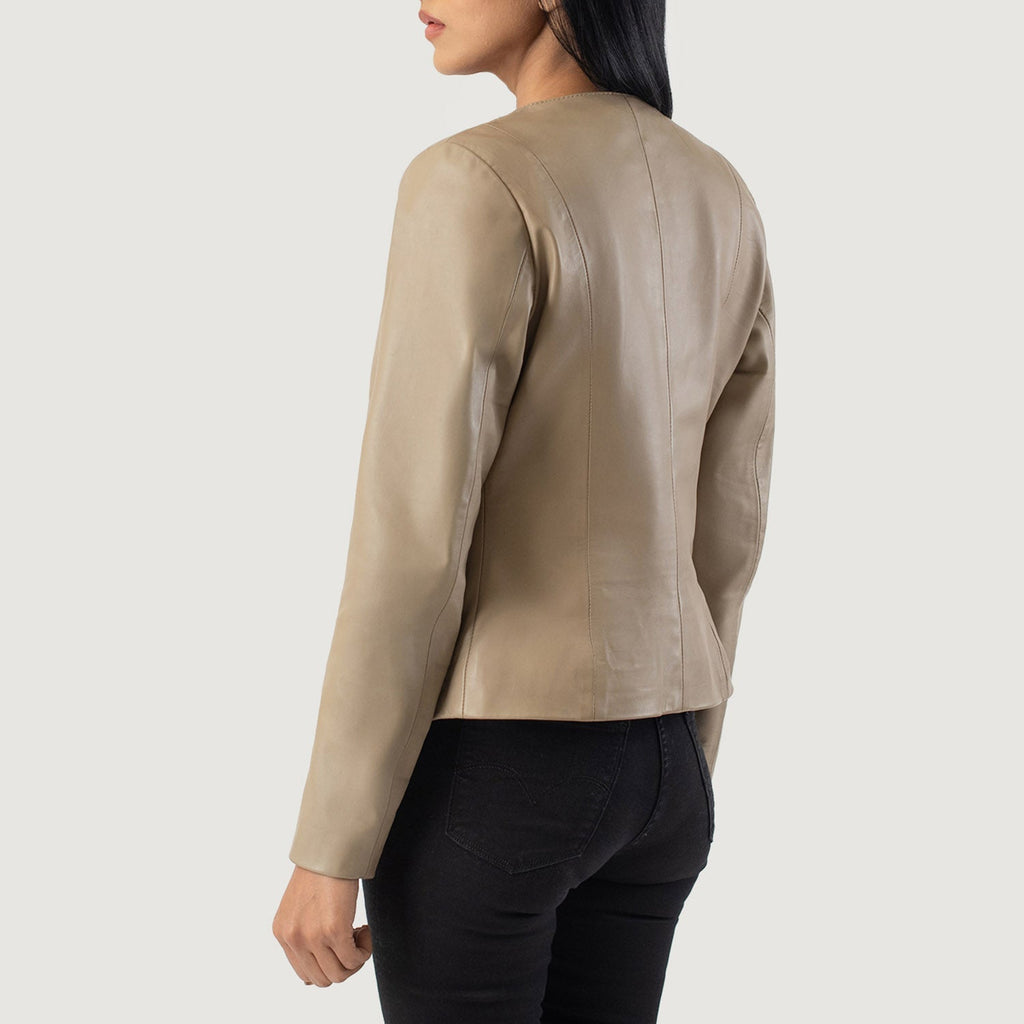 Elixir Beige Collarless Leather Jacket SH614