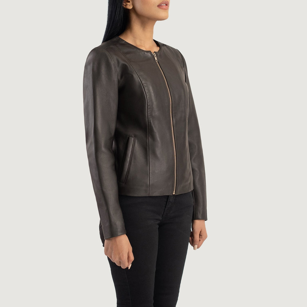 Elixir Brown Collarless Leather Jacket SH612