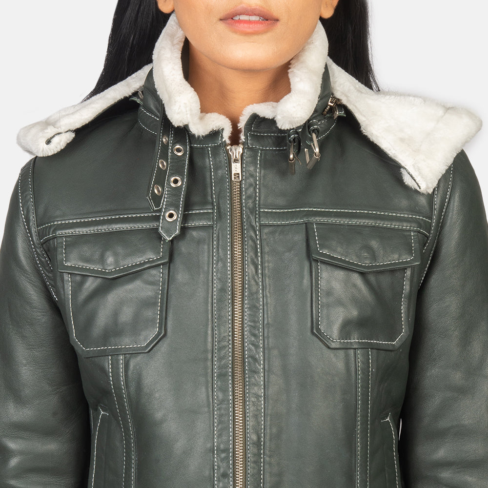 Fiona Green Hooded Shearling Leather Jacket SH605