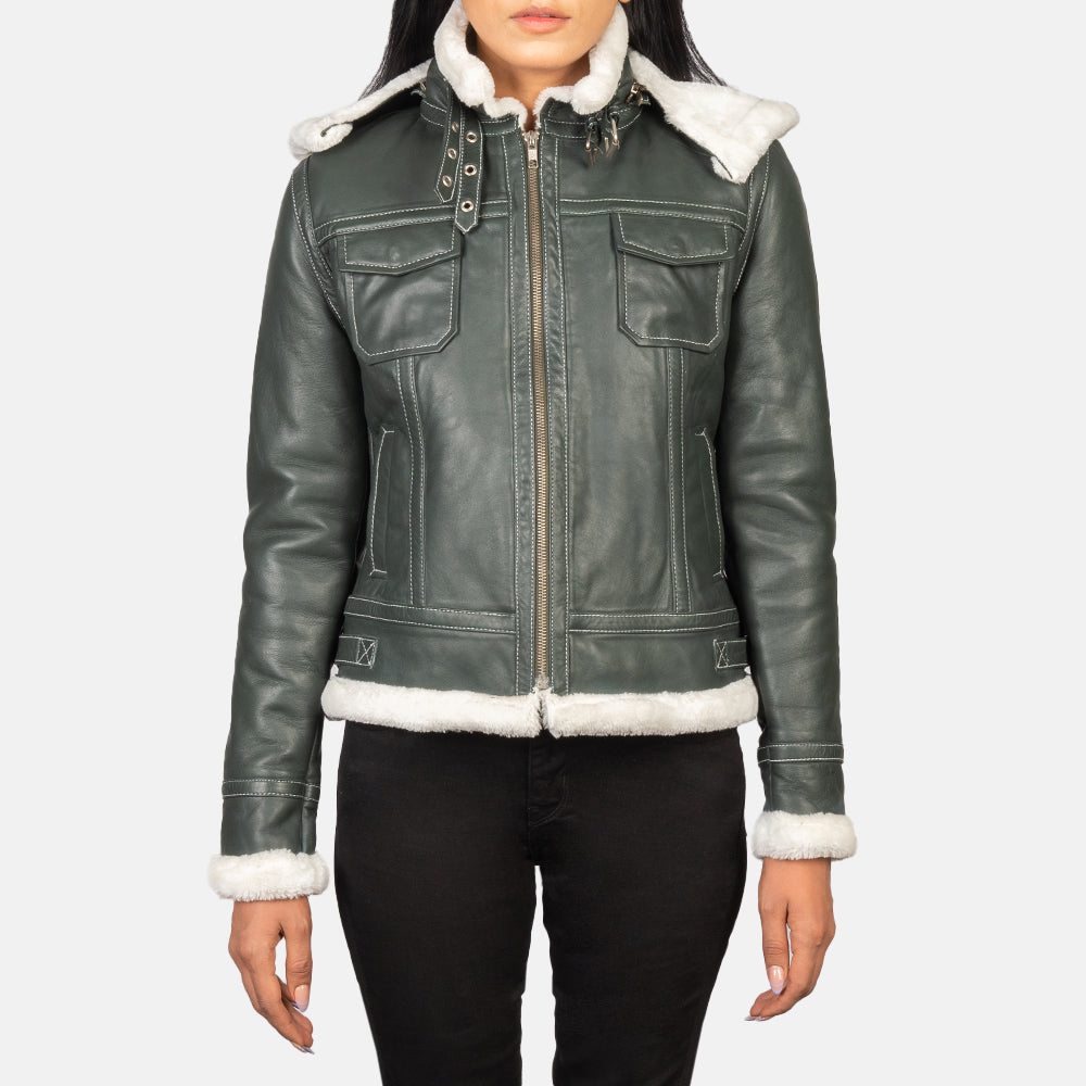 Fiona Green Hooded Shearling Leather Jacket SH605