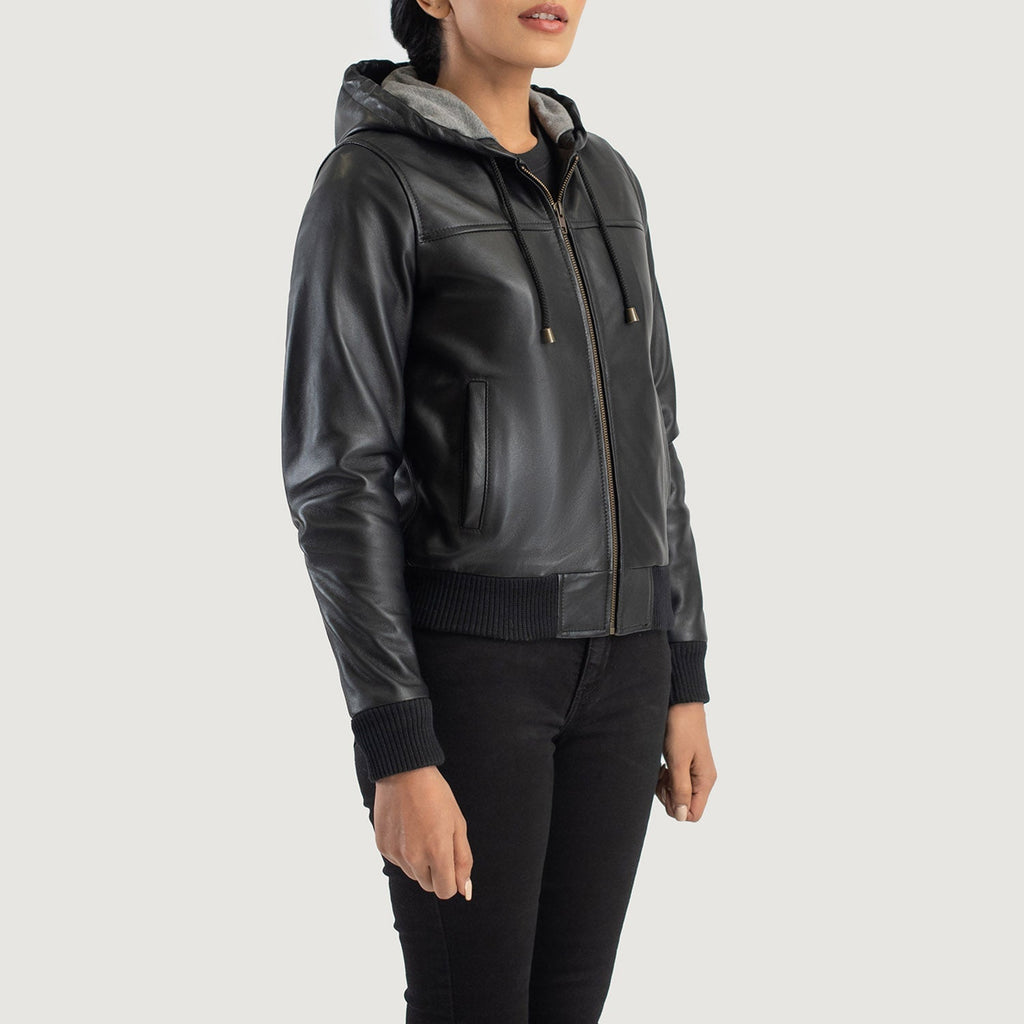 Rebella Black Hooded Leather Bomber Jacket SH568