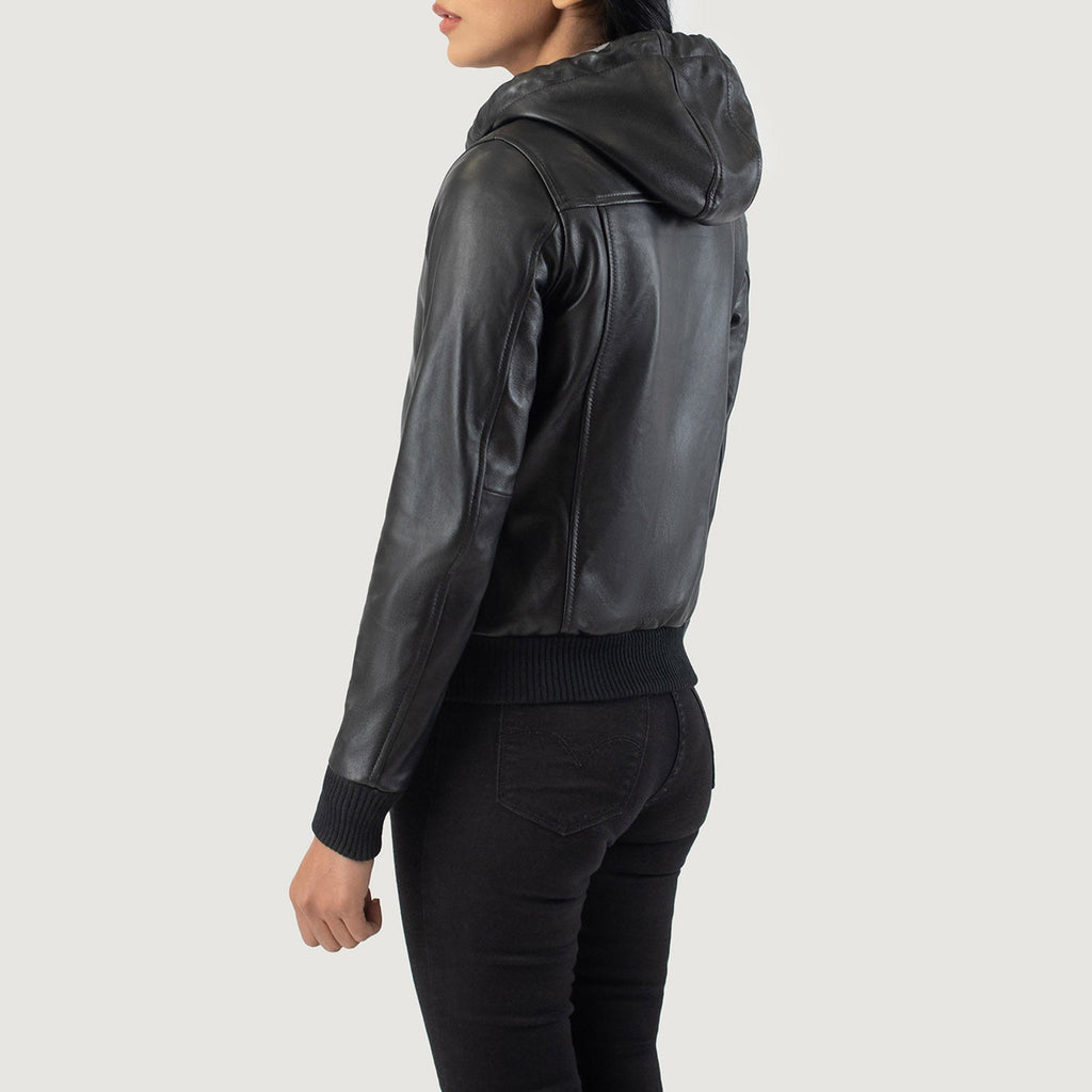 Rebella Black Hooded Leather Bomber Jacket SH568