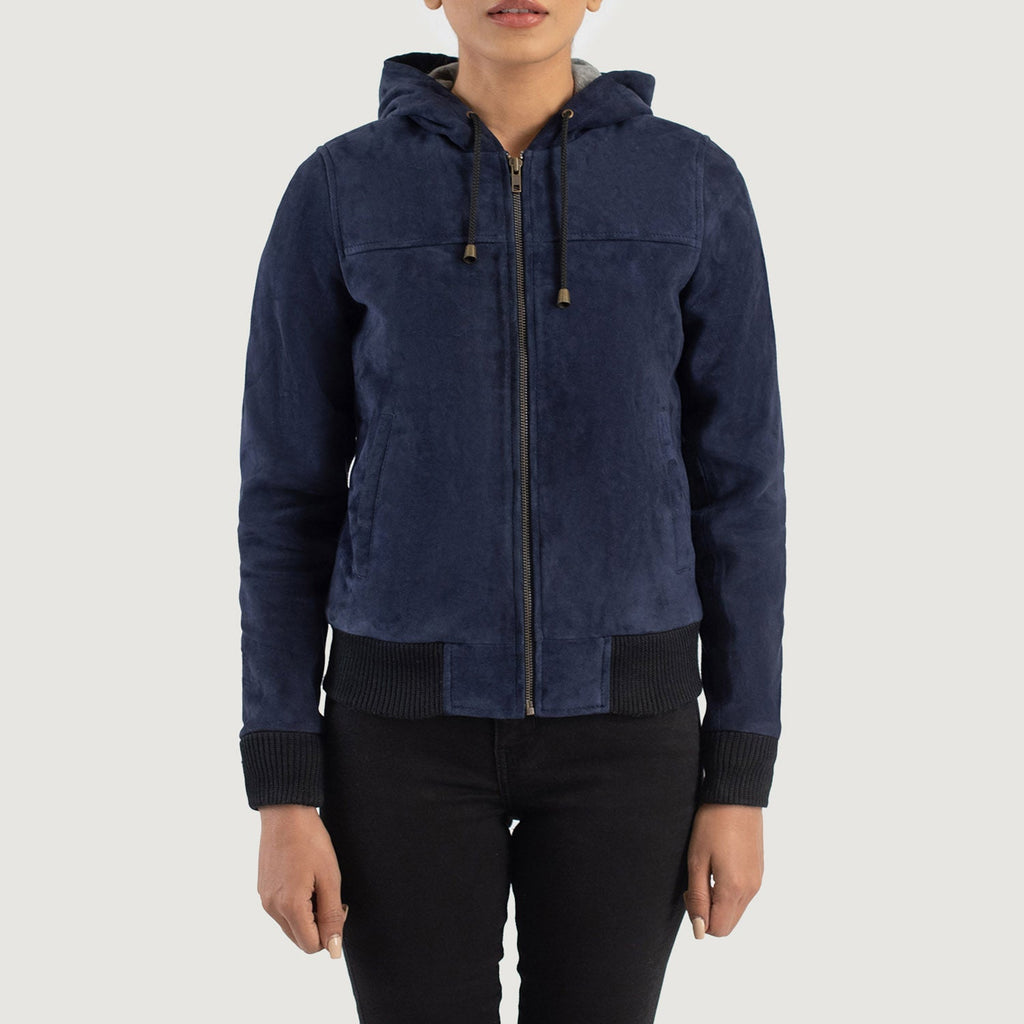 Rebella Blue Hooded Suede Bomber Jacket SH566