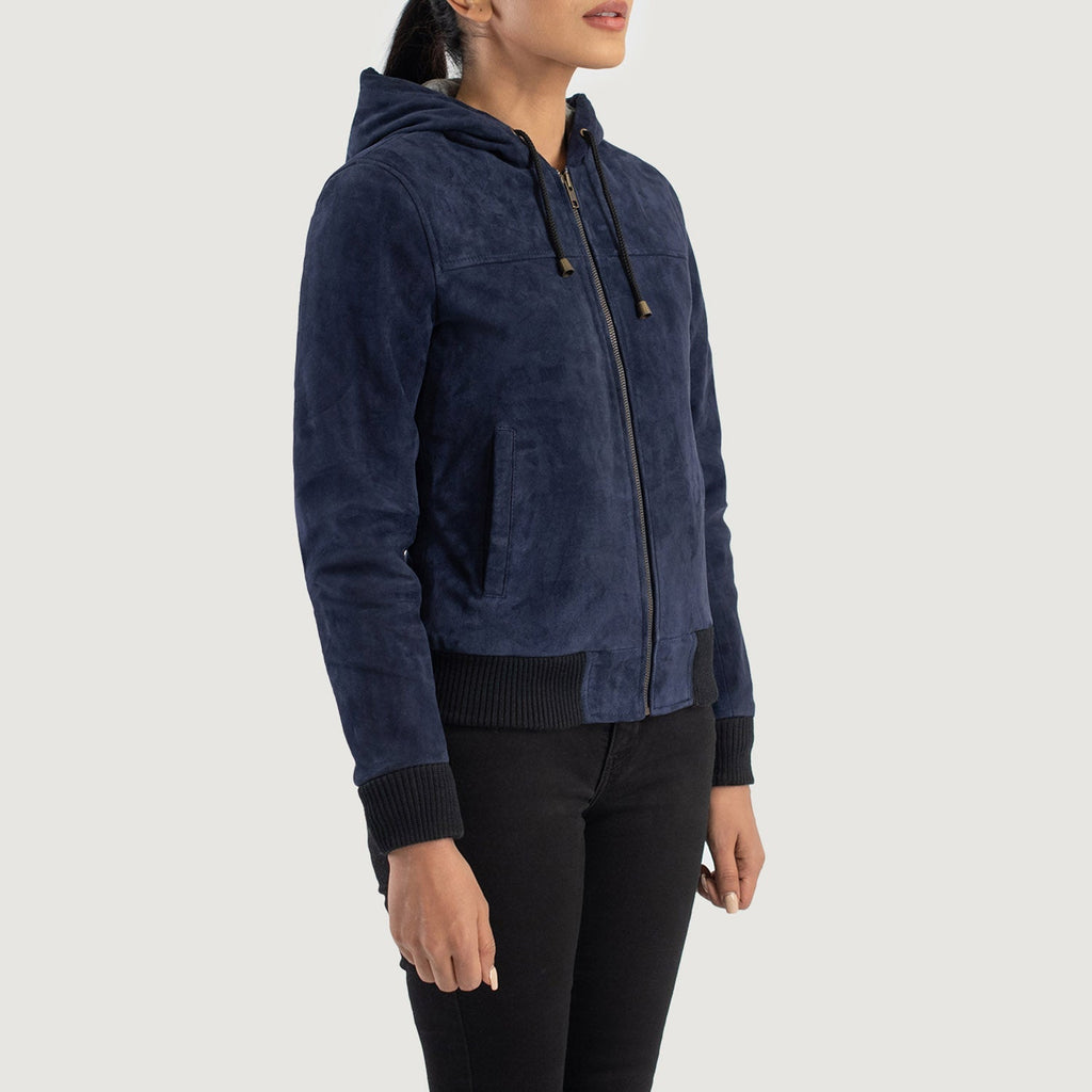Rebella Blue Hooded Suede Bomber Jacket SH566
