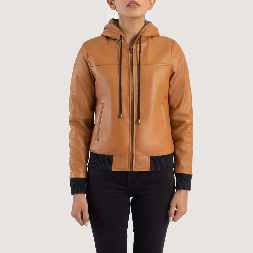 Rebella Brown Hooded Leather Bomber Jacket SH565