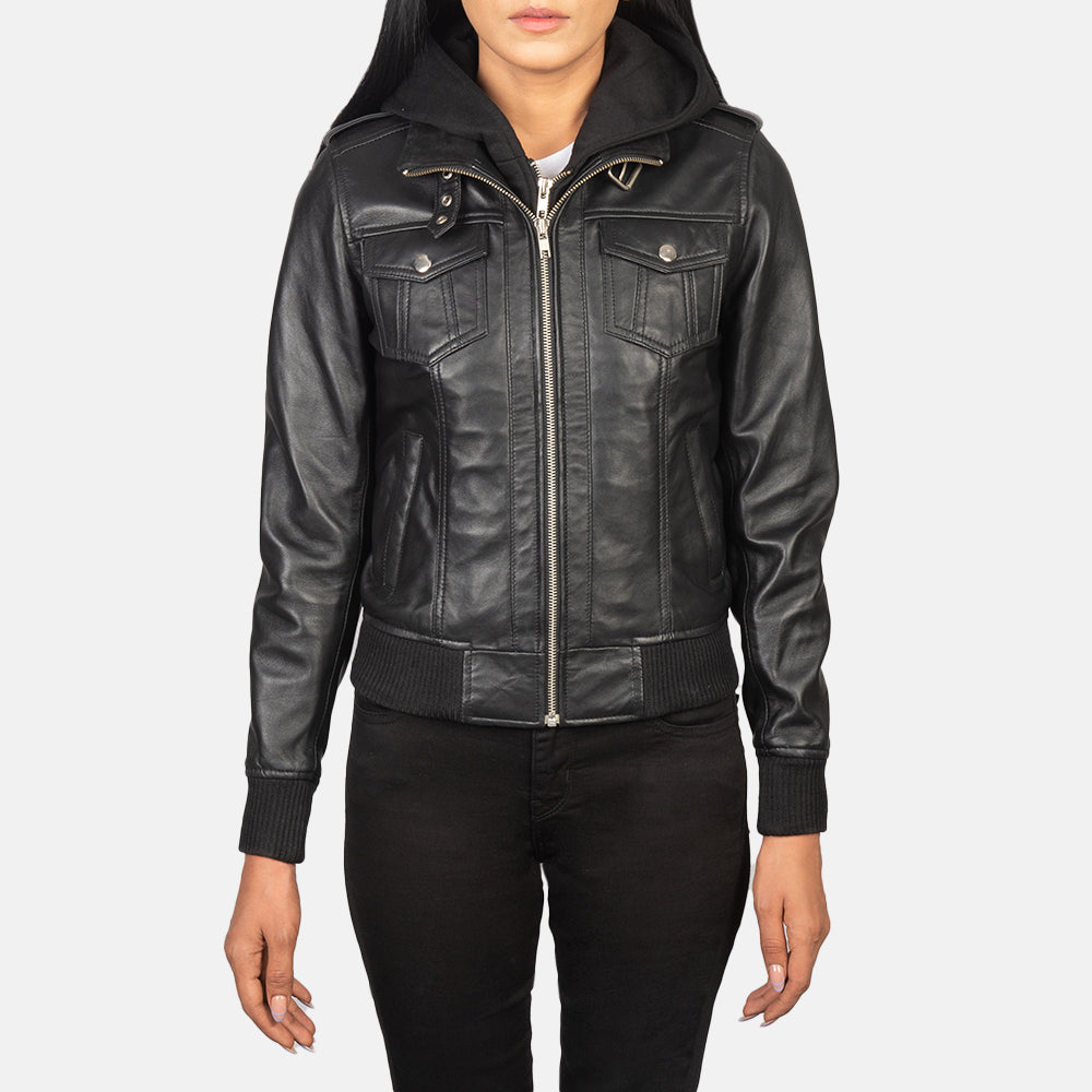 Roslyn Black Hooded Leather Bomber Jacket SH561