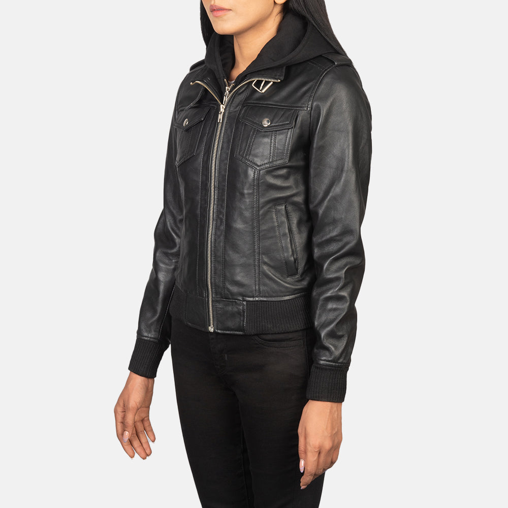 Roslyn Black Hooded Leather Bomber Jacket SH561