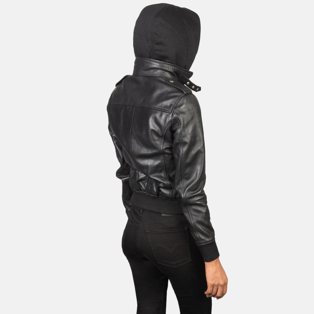 Roslyn Black Hooded Leather Bomber Jacket SH561