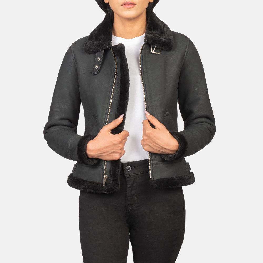 Sherilyn B-3 Distressed Black Leather Bomber Jacket SH535