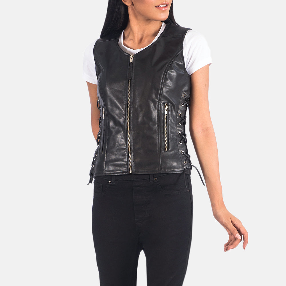 Vanda Black Leather Biker Vest SH521