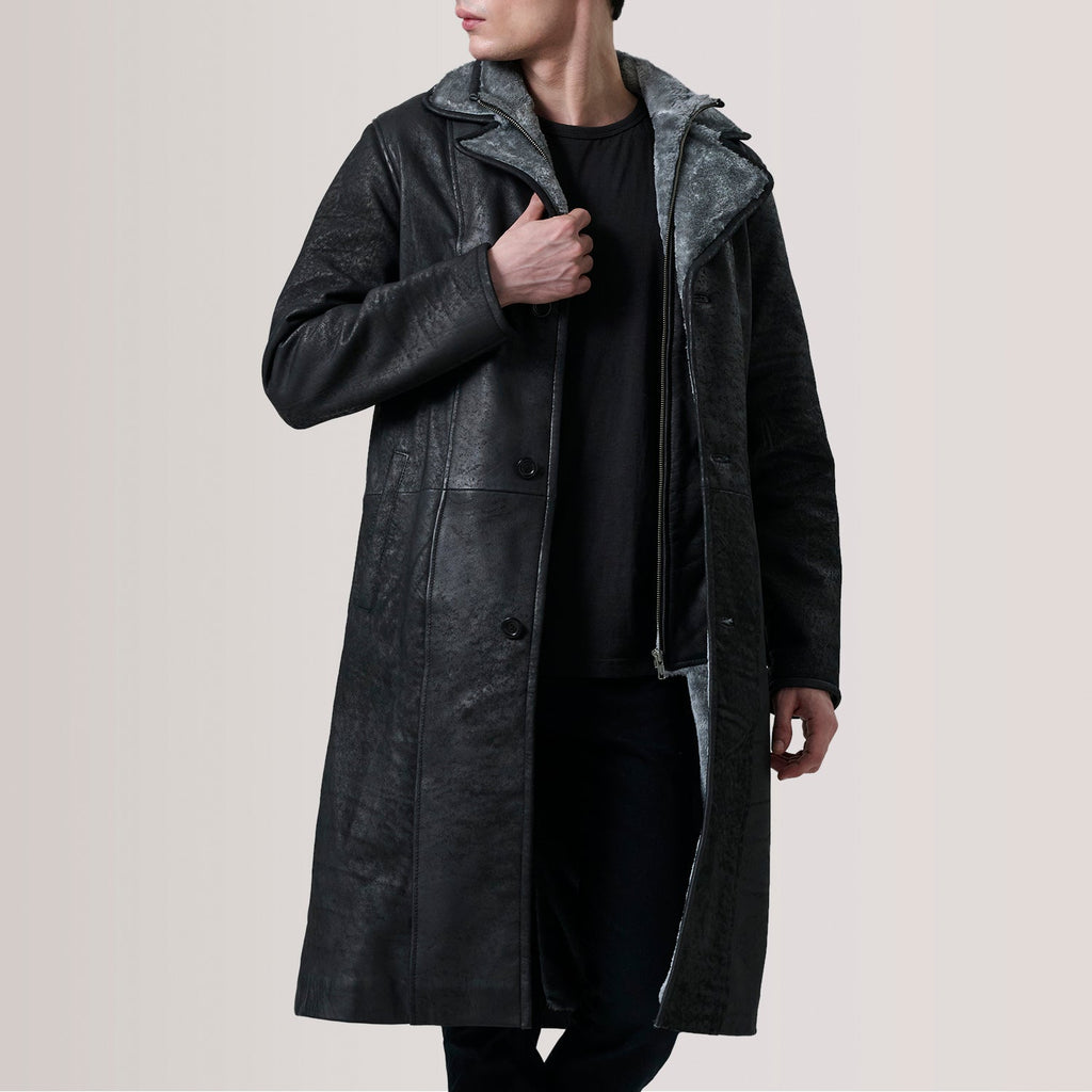 Cai Distressed Black Leather Shearling Coat