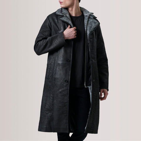Cai Distressed Black Leather Shearling Coat