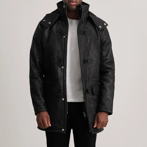 Nolan Distressed Black Leather Duffle Coat