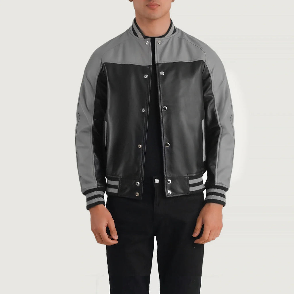 Terrance Black & Grey Leather Varsity Jacket SH68