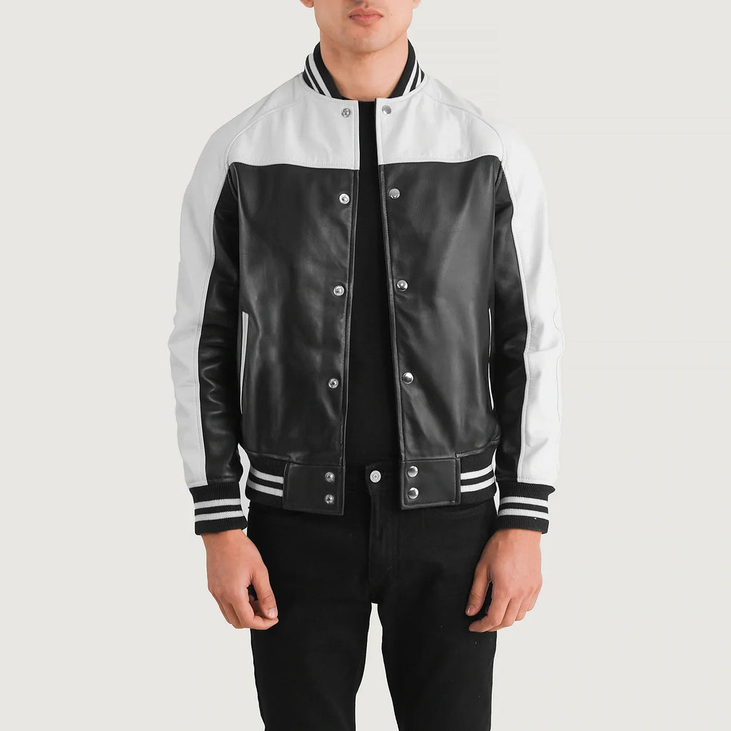 Terrance Black & White Leather Varsity Jacket SH66