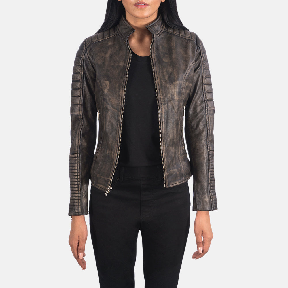Adalyn Quilted Distressed Brown Leather Biker Jacket SH652