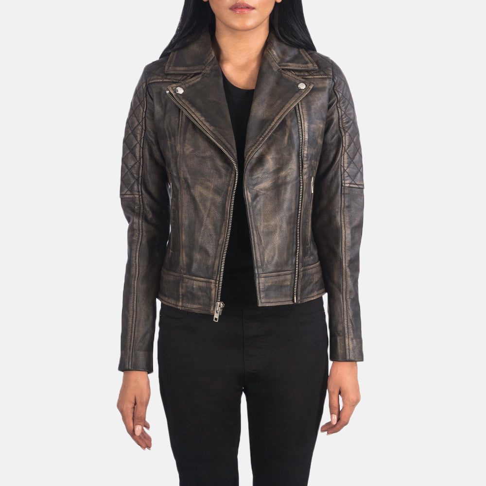 Carolyn Quilted Distressed Brown Biker Jacket SH626