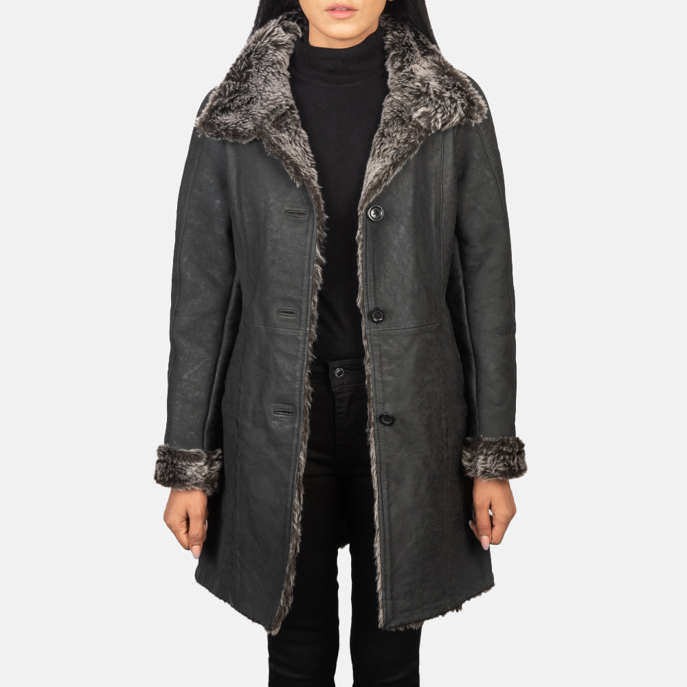 Erica Shearling Black Leather Coat SH608