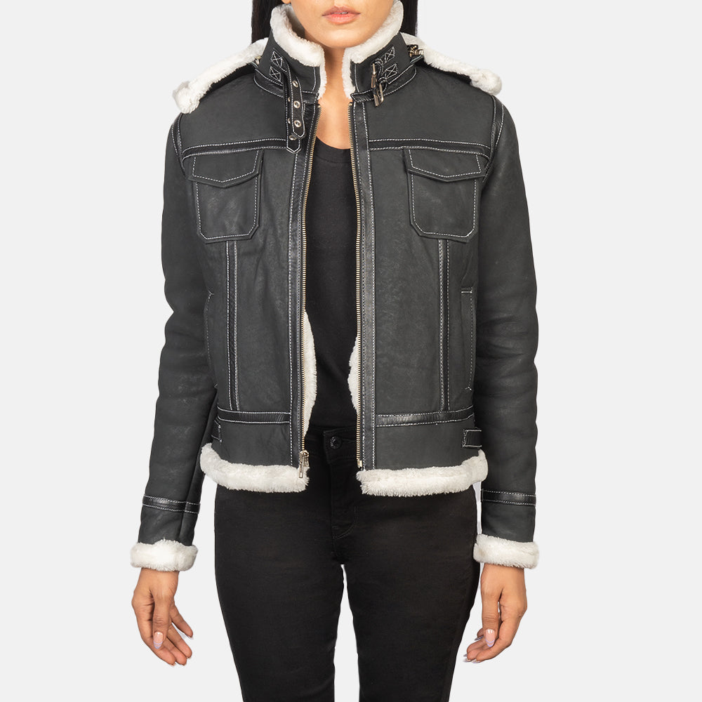 Fiona Black Hooded Shearling Leather Jacket SH607